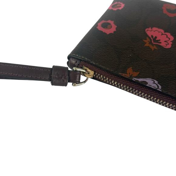 Coach Corner Zip Primrose Wristlet Small Brown Flower Logo Canvas Leather Wallet - Picture 7 of 10
